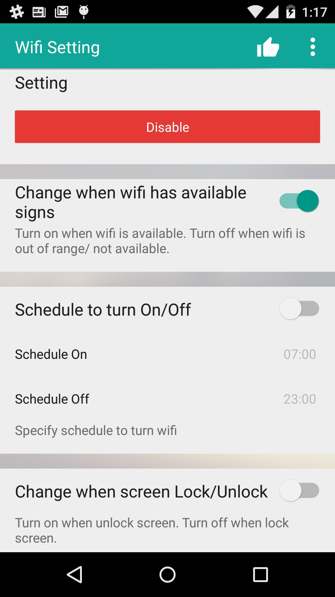 WiFi Setting||Auto On/Off WiFi